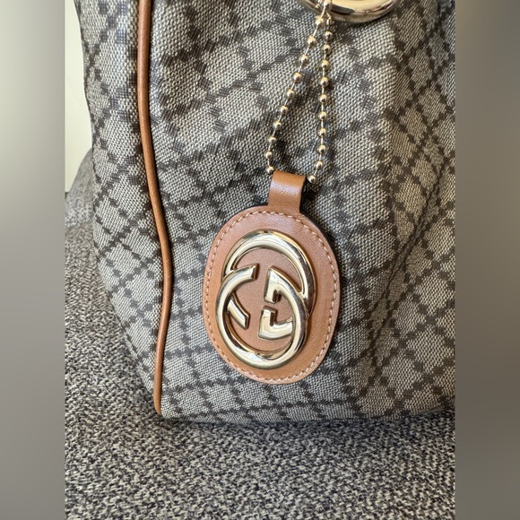 GUCCI Sukey Diamante Brown Patterned Tote Bag with Tan Leather Trim